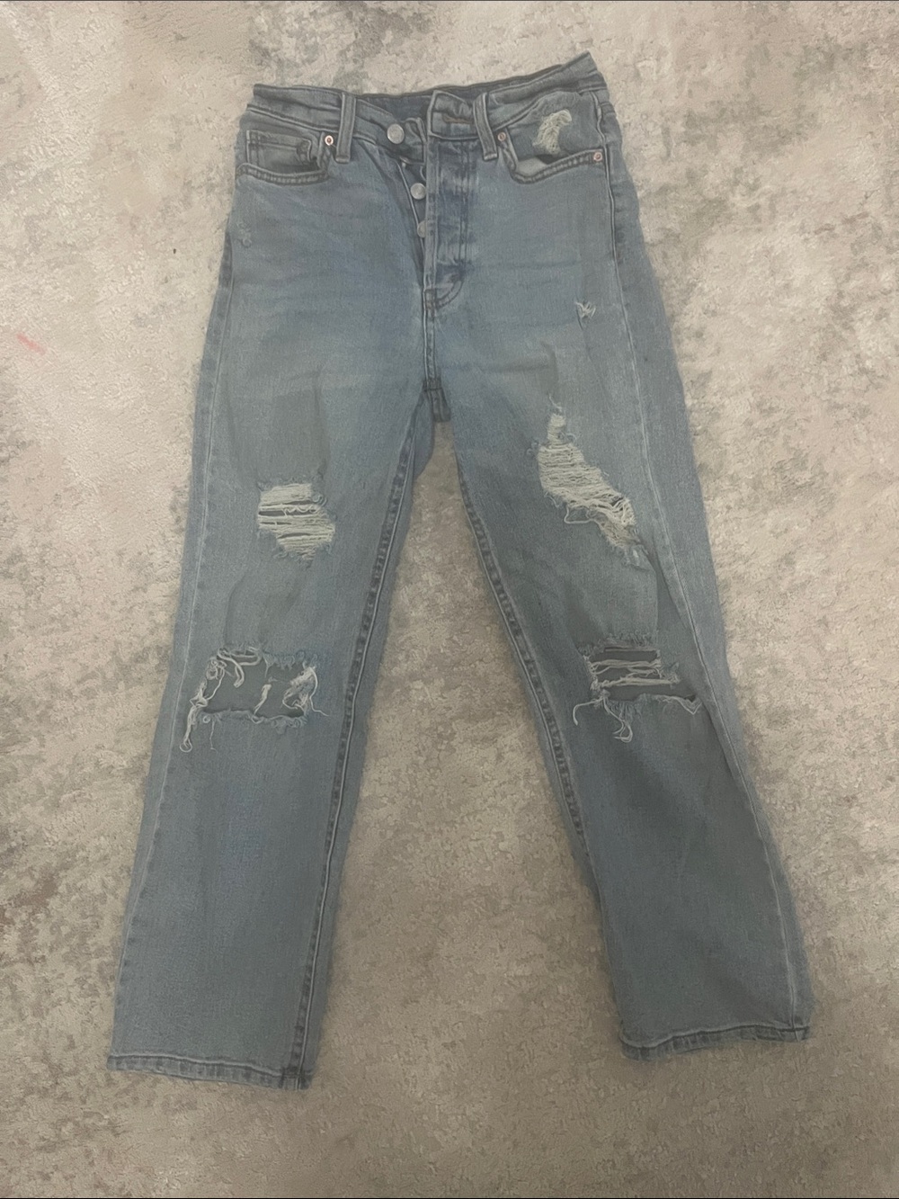 Distressed Light Blue High Rise Straight Jeans